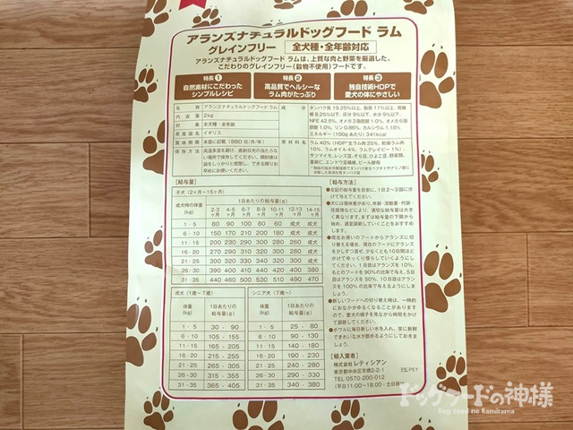 アランズナチュラルドッグフード・ラムの裏面