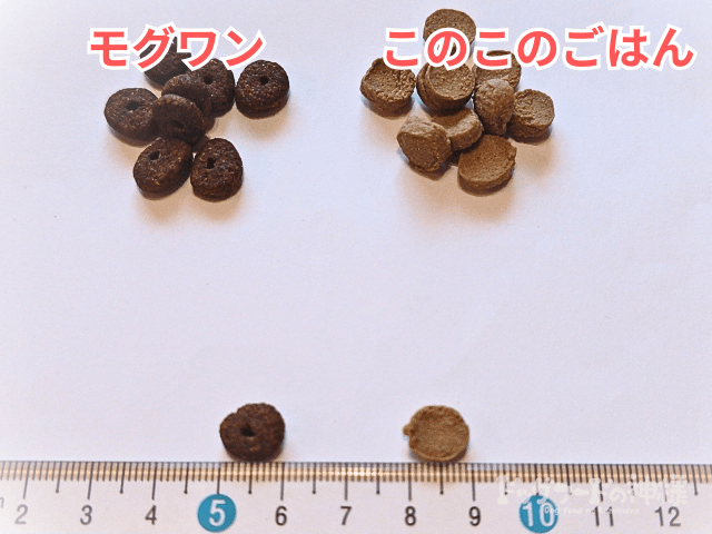 モグワン　このこのごはん　粒の大きさ比較