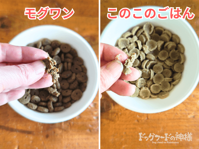 モグワン　このこのごはん　ふやかした粒の比較