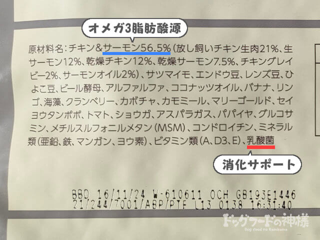 オメガ3脂肪酸源と消化サポート成分の表記