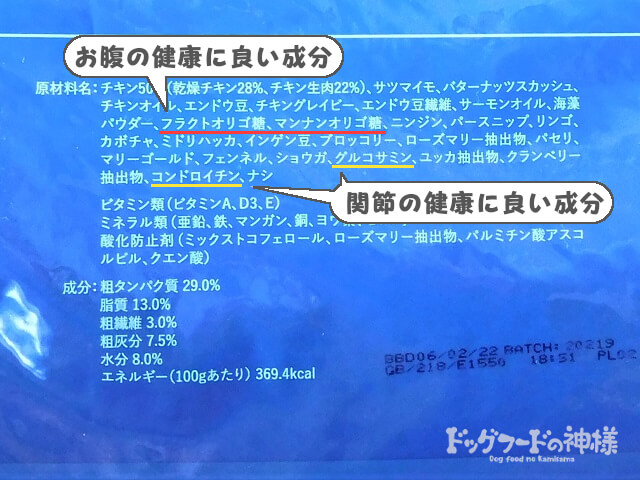 関節やお腹の健康に良い成分の表記